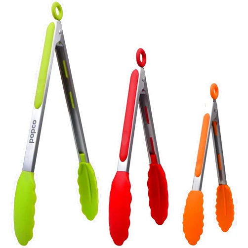 Popco Silicone Tongs for Cooking - Kitchen Tongs Set of 3 (7, 9, 12 inches) - Stainless Steel BBQ Tongs with Silicone Tips for Cooking, Grilling, Serving - Non-Stick, Heat-Resistant, Dishwasher Safe