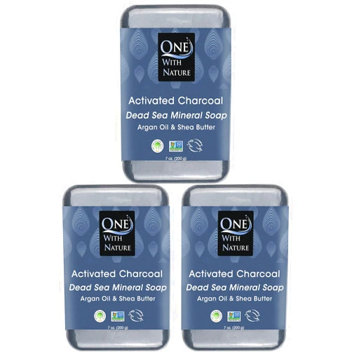 One With Nature Activated Charcoal Soap 7oz 3Pk – 100% Natural, Non-GMO, Cruelty Free Charcoal Soap Bar with Dead Sea Minerals, Shea Butter, Argan Oil. Charcoal Bar Soap, All Skin Types, Acne, Psoriasis, Eczema