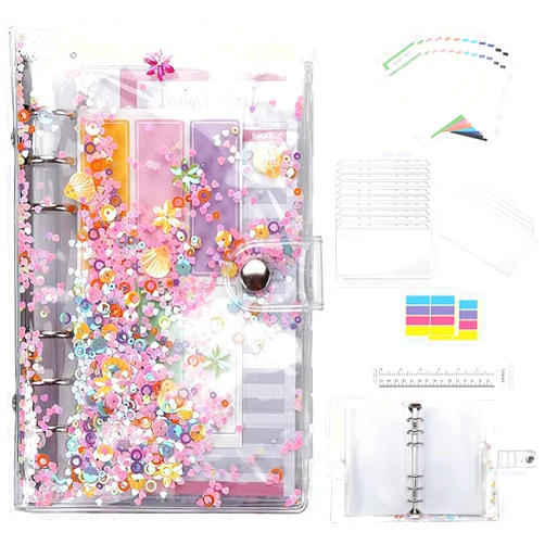N\A Budget Binder, A6 Flashing Money Saving Binder with Expense Budget Tracking Sheets, Waterproof PVC Bag, Bocument Filing Bag, Zipper Bag, Cash Envelope for Budgeting Transparent