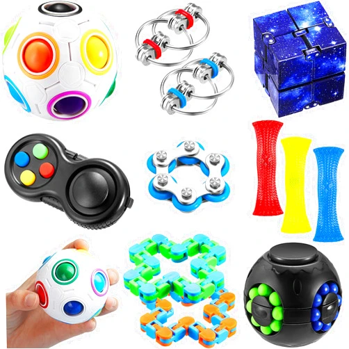 Sumind 12 Pieces Sensory Fidget Toy Relieves Stress and Anxiety Fidget Pad Flippy Chain Fidget Mesh Fidget Keychain Fidget Dice Wacky Track Magic Cube Ball Bean Toys Assortment for Teens and Adults