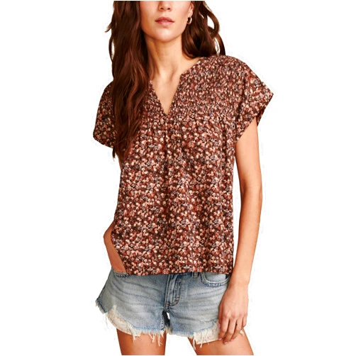 Lucky Brand Women's Short Sleeve Printed Smocked Blouse