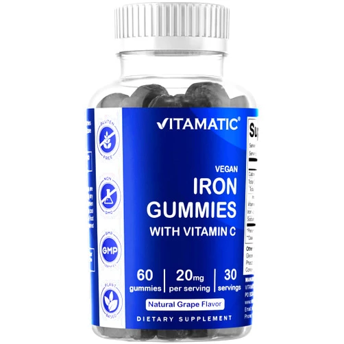 Vitamatic Iron Gummies Supplement for Women & Men - 20mg Serving - 60 Vegan Gummies - Great Tasting Iron Gummy Vitamins with Vitamin C (60 Count (Pack of 1))