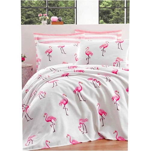 DecoMood 100% Cotton Birds Bedding, Birds Flamingo Themed Bedspread Coverlet (Pique) Set for Girls, Single/Twin (3 PCS) and Full/Queen Size (4 PCS).