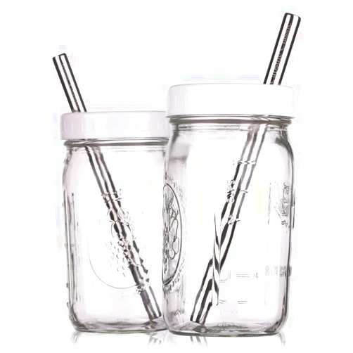 Capsule Classic Reusable Wide Mouth Smoothie Boba Tea Cups Bubble Tea Cups with Lids and Silver Straws Mason Jars Glass Cups (2-pack, 32 oz mason jars)