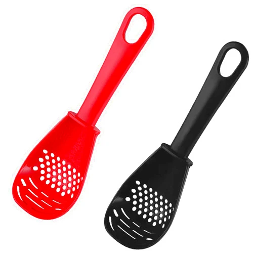 Zasukol 2 Pack Multifunctional Kitchen Cooking Spoon Masher Kitchen tools Skimmer Scoop Colander Strainer Grater Masher for Cooking, Mashing, Draining (Black & Red), GS-2P