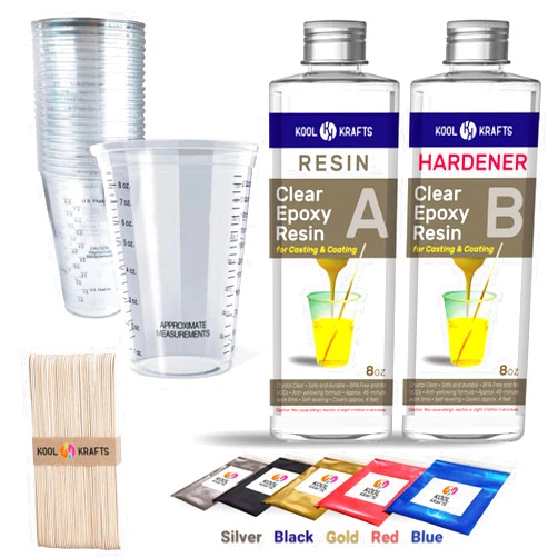 Kool Krafts Epoxy Resin Kit | Clear Resin | 2 Part Resin Crafts | Jewelry Resin 16 OZ Kit with 20 Measuring Cups | 5 Packs Mica powder | 20 Wooden stirring stick | Crystal Clear Casting Resin | Resin starter kit