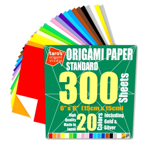 Taro's Origami Studio [Taro's Origami Studio] Standard 6 Inch One Sided 20 Colors 300 Sheets Square Easy Fold Premium Japanese Paper for Beginner (Gold and Silver Included) Made in Japan