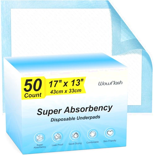 Wowflash 50 Count Super Absorbency Disposable Underpads, Leakproof Quick Drying Disposable Pads for Baby, Puppy and Adults, Disposable Changing Pads for Baby, Disposable Diaper Changing Pads, 17” x 13”