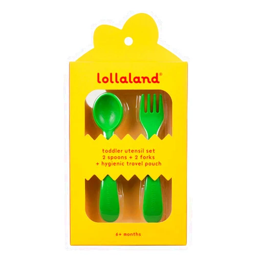 Lollaland 5 Piece Plastic Toddler Silverware Spoon and Fork Utensil Set - Reusable Toddler Cutlery With Hygienic Travel Pouch (Green)