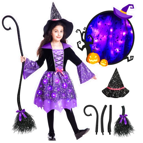 Poshetion Light Up Witch Costume for Girls, Witch Halloween Costumes with Witch Broom Hat Dress for Halloween Party Gift
