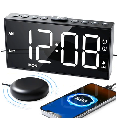 Roxicosly Vibrating Alarm Clock with Bed Shaker for Heavy Sleepers, 3-Level Vibration, Dual Alarms with Weekday & Weekend Mode, Large Digits, Dimmer, Snooze, USB Charger, Battery Backup