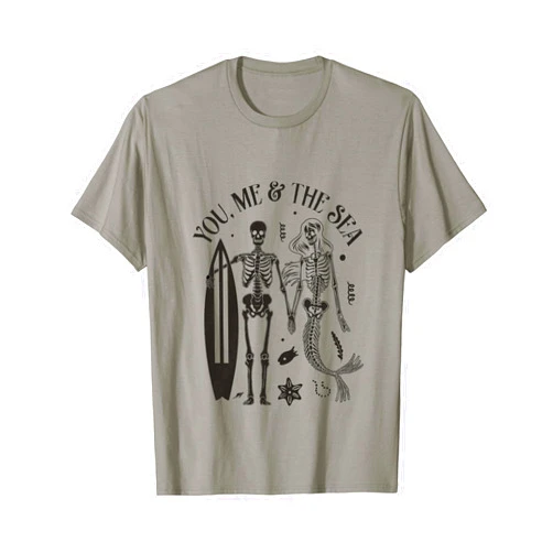 Funny Surfing Skeleton Gifts & Stuff Mermaid Skeleton Couple Surfing Vintage Island Beach Surfer T-Shirt