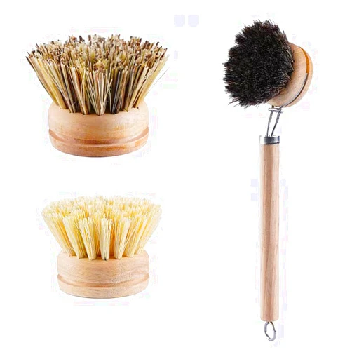 PROBUSINES-Kitchen Cleaning Brushes Wooden Dish Brush Long-Lasting Brush with 3 Replacement Heads Natural Horsehair Eco-Friendly Wood Dish Brush for Washing and Cleaning Pots and Pans
