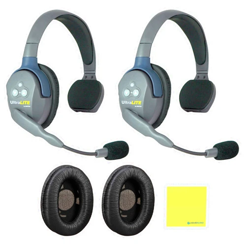 Liquid Audio Eartec UltraLITE Full Duplex Wireless Headset Communication - 2 Single Ear Headsets Bundle w/Eartec ULEPD UltraLITE Leatherette Earpad (Pair) Polishing Cloth