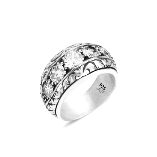 Mercan Silver Silver Moissanite Band Ring, Men's Ice Out Ring, Silver Engraved Silver Moissanite Band Ring, Silver Wedding Handcrafted Ottoman Ring, 925k Sterling Silver