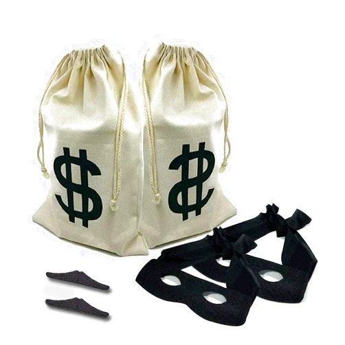 Maazusa Canvas Money Bags Prop Drawstring Bags with Eyes Masks Mustaches Bank Robber Props for Halloween Cosplay