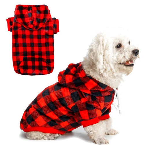 ALUZAEMO Dog Hoodie for Large Meidum Small Dogs, Winter Plaid Fleece Warm Hooded Dog Hoodies Christmas Pet Sweatshirt Clothes with Pockets for Cold Weather (S-XXL)