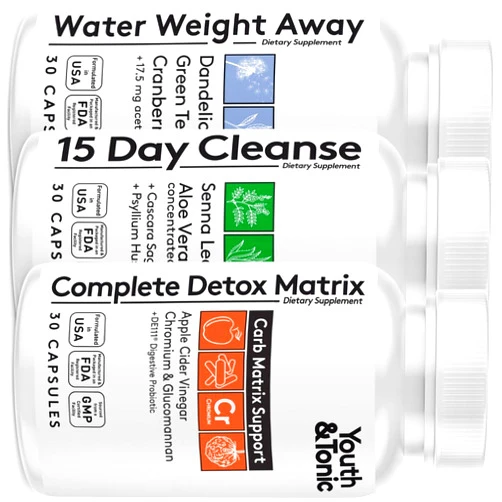 Youth & Tonic 3pk Detox Cleanse Kick Off Weight Management | Colon Cleanser + Water Loss Pills w Dandelion + ACV Full Body Detox + Probiotics | For Flat Stomach, Waistline, Metabolism, Bloating – 90 Pills