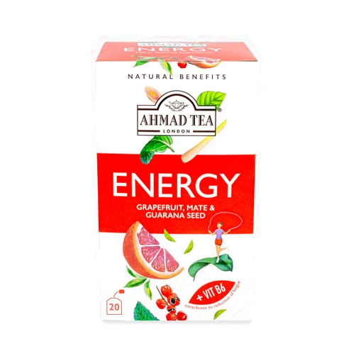 Ahmad Tea Herbal Tea, Grapefruit, Mate, Guarana Seed, & Vitamin B6 'Energy' Natural Benefits Teabags, 20 ct (Pack of 6) - Caffeinated & Sugar-Free