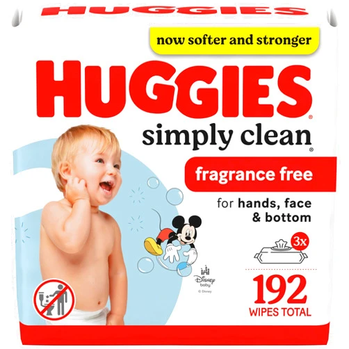Huggies Simply Clean Unscented Baby Diaper Wipes, 3 Flip-Top Packs (192 Wipes Total), Packaging May Vary