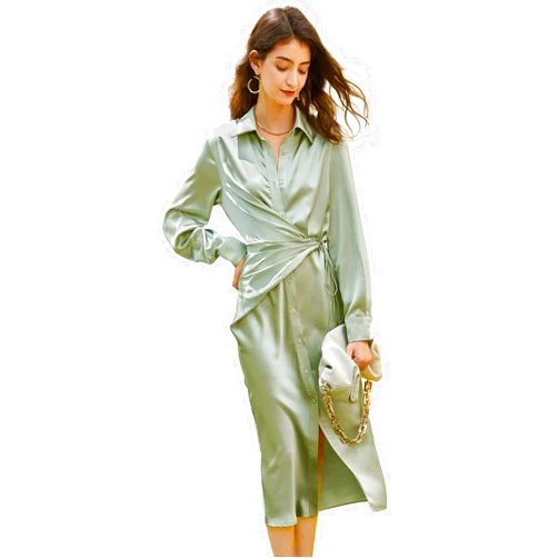 Amyenjoylife Women's Long Sleeve Midi Wrap Button Up Shirt Dress Satin Casual Flow Dresses Holiday Summer Beach Fall Outfits