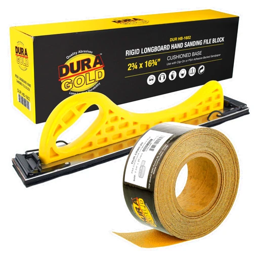 Dura-Gold Pro Series Longboard Hand Sanding File Sander Block with Hook & Loop Backing and PSA Backing Conversion Adapter Pad and 80 Grit Gold PSA Longboard Sandpaper