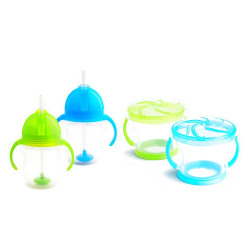 Munchkin® Happy Snacker Snack Catcher® and Any Angle™ Weighted Straw Trainer Cup Set, 4 Pack, Blue/Green