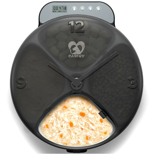 Casfuy Battery-Operated Automatic Cat Feeder - Whisker Friendly Automatic Cat Food Dispenser for Wet Dry Food Cordless 4-Meal Auto Feeder for Cats Small Dogs with Programmable 12H/24H Format Timer