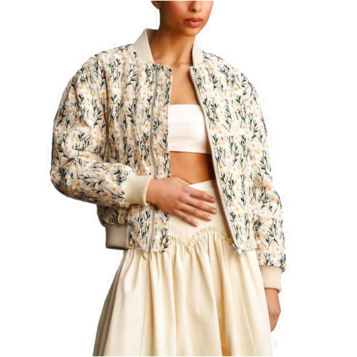 Shiyifa Women's Embroidered Daisy Cropped Bomber Jacket Long Sleeve Zipper Down Cotton Padded Coat Outerwear(Apricot,L)