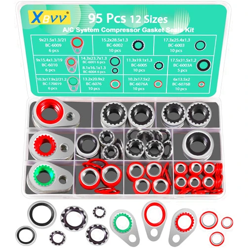 XBVV 95 PCS 12 Sizes Premium A/C Conditioning System Compressor Gasket Seal, Automotive Air Conditioning Compressor Port Seal Gasket Kit Bonded Gasket Seal Assortment Set