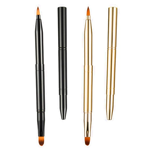 simarro 2Pcs Retractable Lip Brush for Lipstick, Metal Double-Ended Travel Lip Makeup Brush Portable Lipstick Lip Gloss Brush with Cover Concealer Makeup Tool for Girls Women (Gold+Black)