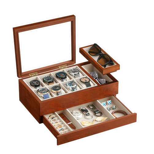 SONGMICS 8-Slot Wooden Watch Box with Solid Wood Veneer, 2-Tier Watch Display Case with Transparent Window, Removable Watch Pillows, Velvet Lining, Gift Idea, Coffee Brown UJOW002K01