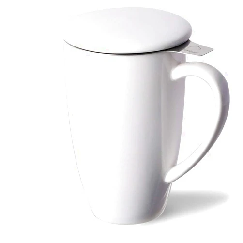 Sweejar Porcelain Tea Infuser Cup with Lid, 16 oz Teacup with Strainers for Loose Leaf, Microwave and Dishwasher Safe Coffee Mug, Steeping Mug for Tea Drinkers(White)