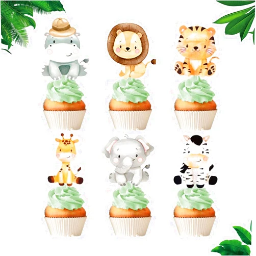 LXASIY 24Pcs Jungle Safari Animal Cupcake Toppers Happy Birthday Cake Decor for Jungle Theme Baby Shower Kids Birthday Party Wild One Cake Decorations Supplies