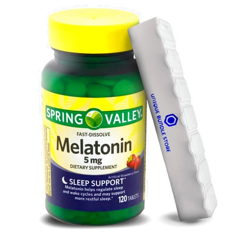 Unique Bundle Store Spring Valley, Melatonin 5mg, Sleep Health Dietary Supplement Tablets, Strawberry, Melatonin 5 mg, 120 Count + 7 Day Pill Organizer Included (Pack of 1) 120 Count (Pack of 1)
