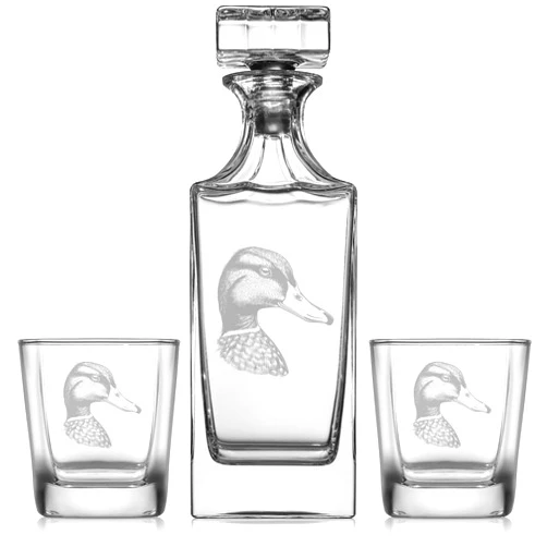 MIP Whiskey Decanter Gift Set With 2 Whiskey Old Fashioned Rocks Glasses Duck Head