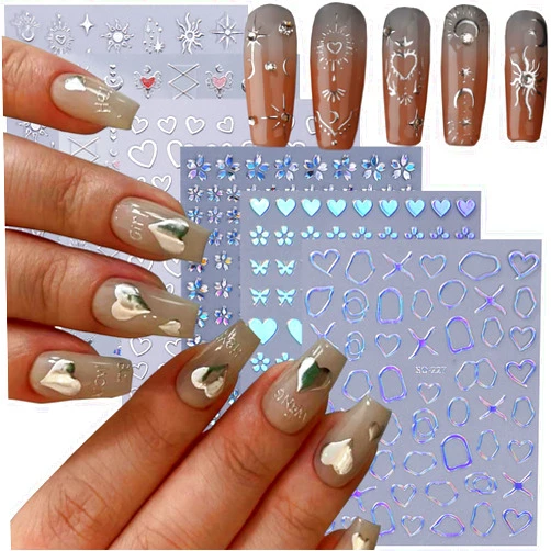 FOXIIU Silver Nail Art Stickers Sun Moon Star Heart Line Flower Nail Self-Adhesive Sticker Design 3D Silver Nail Transfer Decals Supplies for Women Girls Manicure Charms Decorations DIY Nail Art Decal