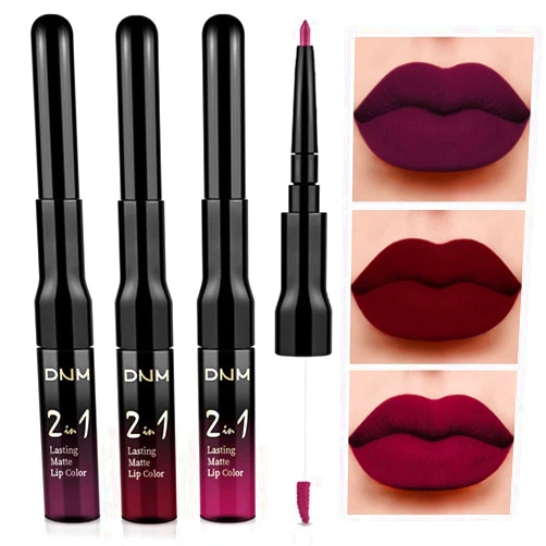 evpct 3Pcs Dark Red Purple Plum Lip Stain Paint Matte Lip Liner and Lipstick Set Long Lasting Smudge Proof labiales matte mate larga duracion listip 24 hours a prueba de agua mate 24 horas originales