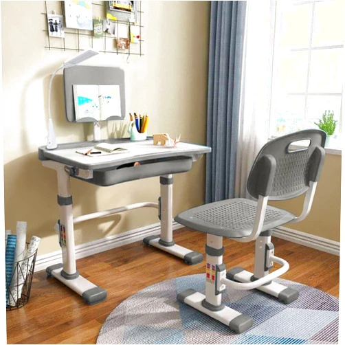 LVYUAN Kids Desk and Chair Set, Height Adjustable Kids Study Desk for Bedroom, Desk for Kids with Tiltable Desktop, 3 Modes Light, Go Back School Desk, Grey
