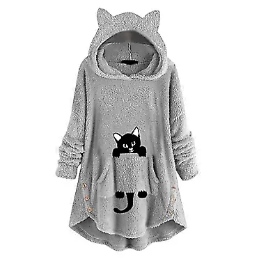 Generic Women Sweater Long Sleeve Cat Ear Hoodie Fleece Cute Print Button Pocket Blouse Womens Large Zip up Sweatshirt Grey XX-Large