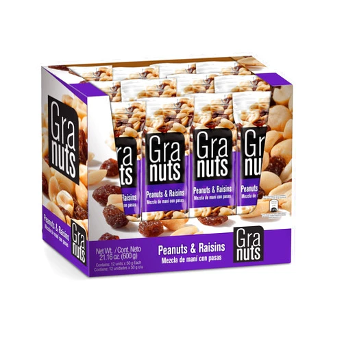 Granuts Peanuts & Raisins | Classic, Savory Flavors | Salty Peanuts | Sweet Raisins | On-the-Go Snack | 1.76 Oz (12 Inner Packs)