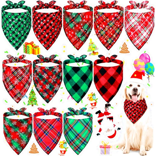 Weewooday 12 Pieces Christmas Dog Bandanas for Dogs Triangle Pet Kerchief Classic Plaid Triangle Bandana Bibs Snowflake for Small Medium Large Pets Cats