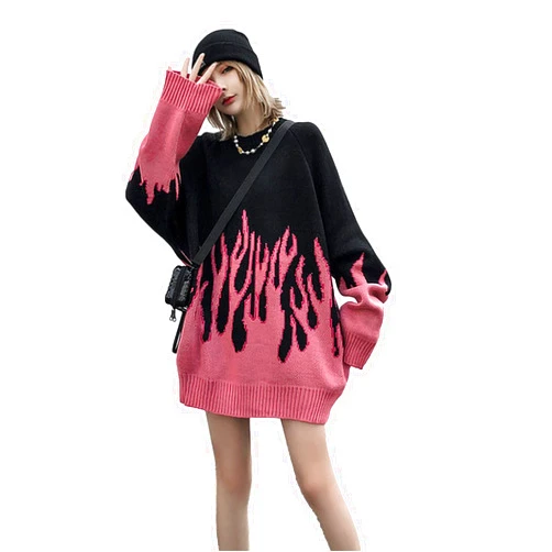 ANUFER Unisex Mens Womens Flame Sweaters Street Fashion Bat Sleeve Knitted Jumper