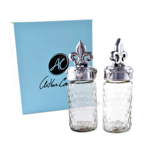 Arthur Court Fleur-De-Lis Pattern S/P with Aluminum with Artisan Quality Hand Polished Lid for Large Glass Salt and Pepper 5.75 inch Tall