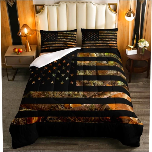 Erosebridal American Flag Camo Comforter Set Queen,Military Hunting Bedding Set Rustic Trees Leaves Camouflage Comforter for Boys Teens Kids Man Bedroom Nature Conifer Oak Branches Bedding Quilt Set 3 Pcs