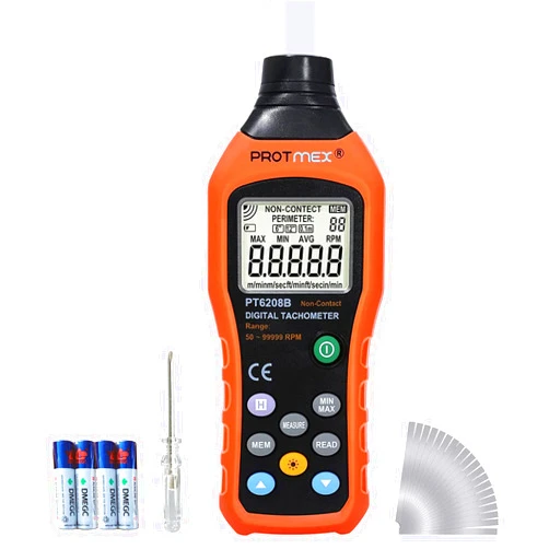 Protmex Digital Tachometer, 50-99,999 RPM High Precision Laser Photo Tachometer, Max/Min/AVG Data Hold Functions Rotation Speed Meter, PT6208B with Reflective Tape (Batteries Included)