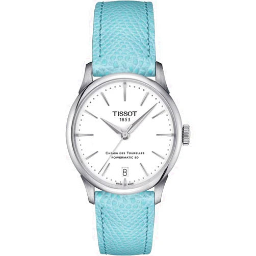 Tissot Womens Chemin des Tourelles Powermatic 80 34 mm 316L Stainless Steel case Automatic Watches, Light Blue, Leather, 18 (T1392071601100)