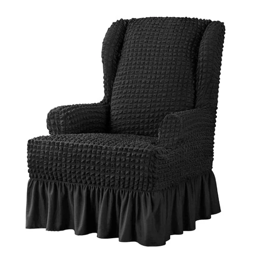 PURRSI Stretch Slipcover with Skirt 1-Piece Universal Easy Fitted Wingback Chair Slipcover with Elegant Ruffle High Elastic Seersucker Wing Back Chair Cover (Color : Black)