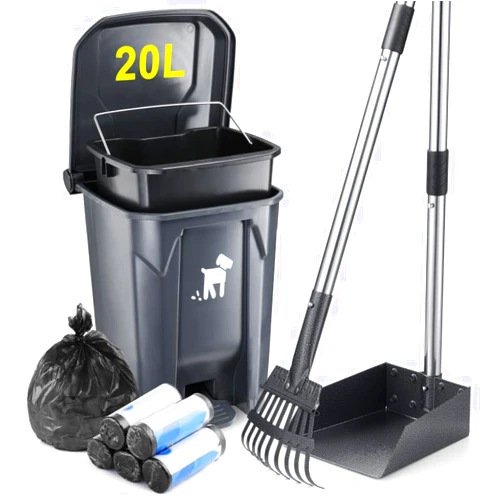 Biubiucat Dog Pooper Scooper, Dog Poop Trash Can Set with Removable Inner Bucket, Long Handle Rake, 150 Waste Bags, Easy Pick Up Poop Scooper, 20L Dog Poop Trash Bin for Small/Large Dog Families