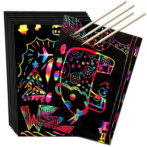 Vinlon Scratch Art Rainbow Paper 36 Sheets, Colorful Magic Papers Black Scratch it Off Art Crafts Notes Boards with 4 Scratch Pen for Kids Holiday Birthday Gift (36 Papers)